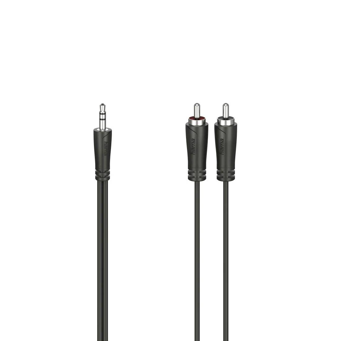 Črni avdio kabel s 3,5 mm priključkom na eni strani in dvema RCA priključkoma na drugi strani.