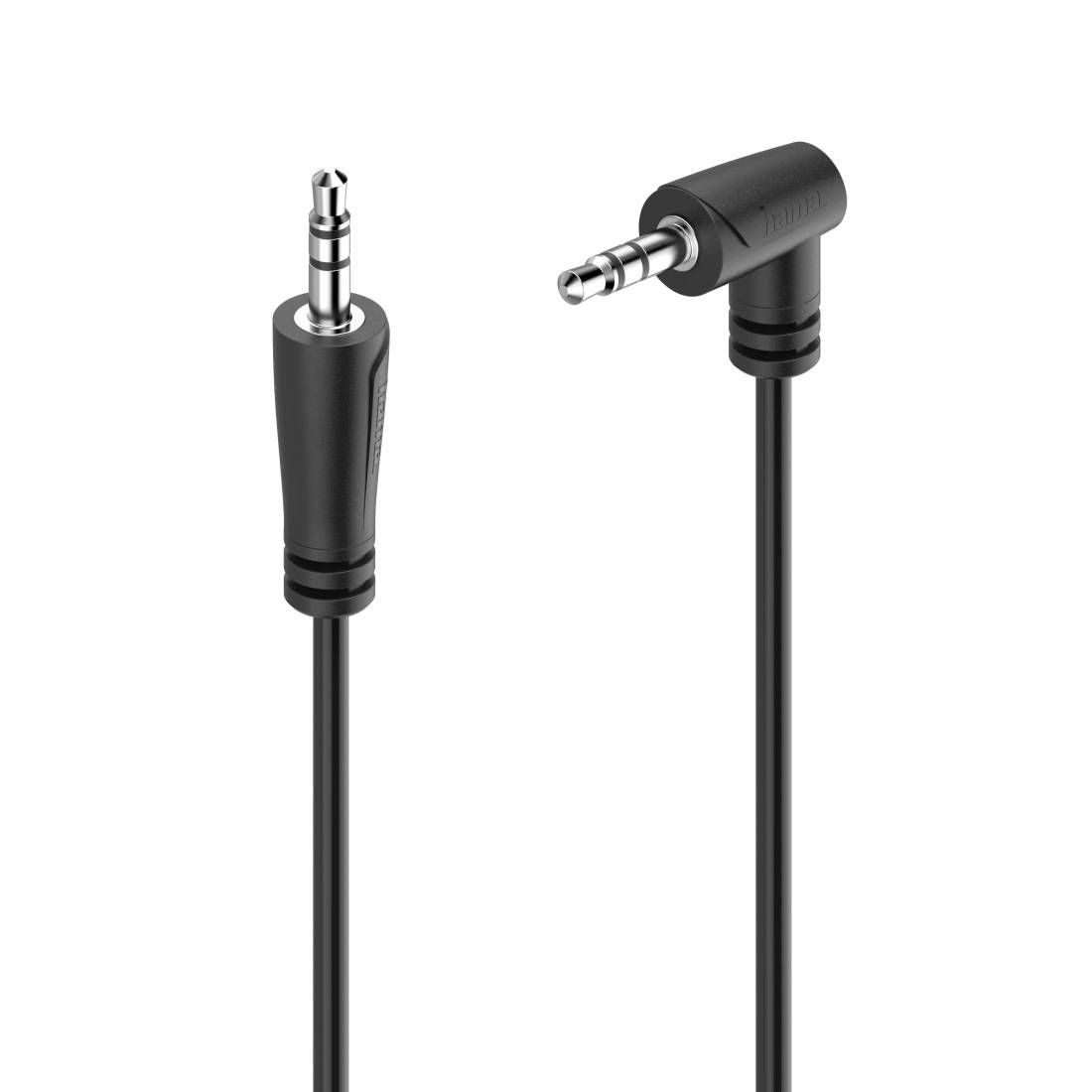 Črn audio kabel 3,5 mm prikazan s pravokotnimi in pravokotnimi vtičniki na belem ozadju.