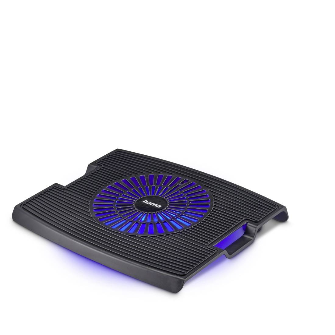 Črna podloga za hlajenje prenosnika s svetlobno modrimo ventilatorjem, prikazana na belem ozadju.