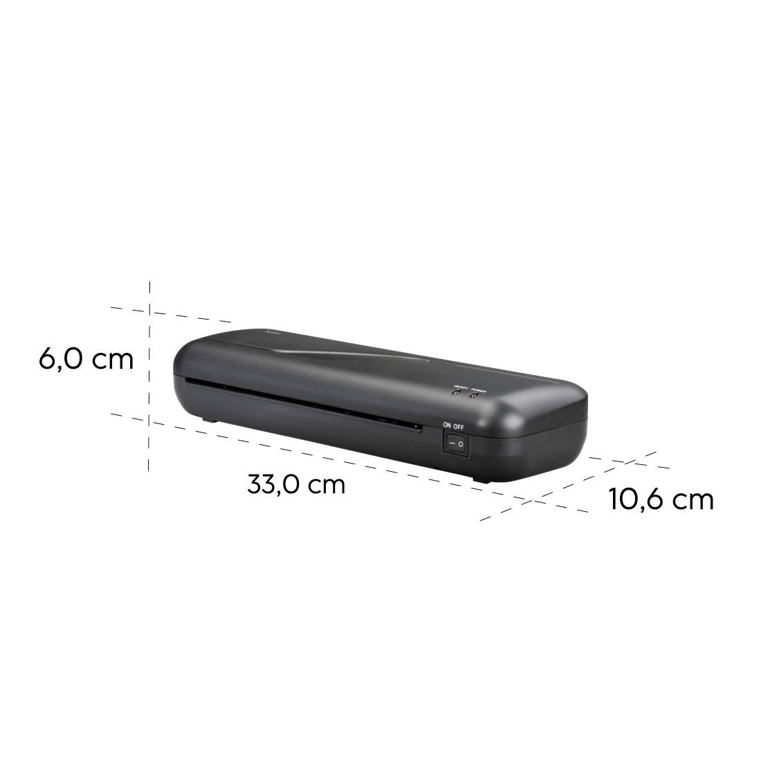 Črni pravokotni laminator za dokumente s prikazanimi dimenzijami 33,0 cm dolžine, 10,6 cm širine in 6,0 cm višine.
