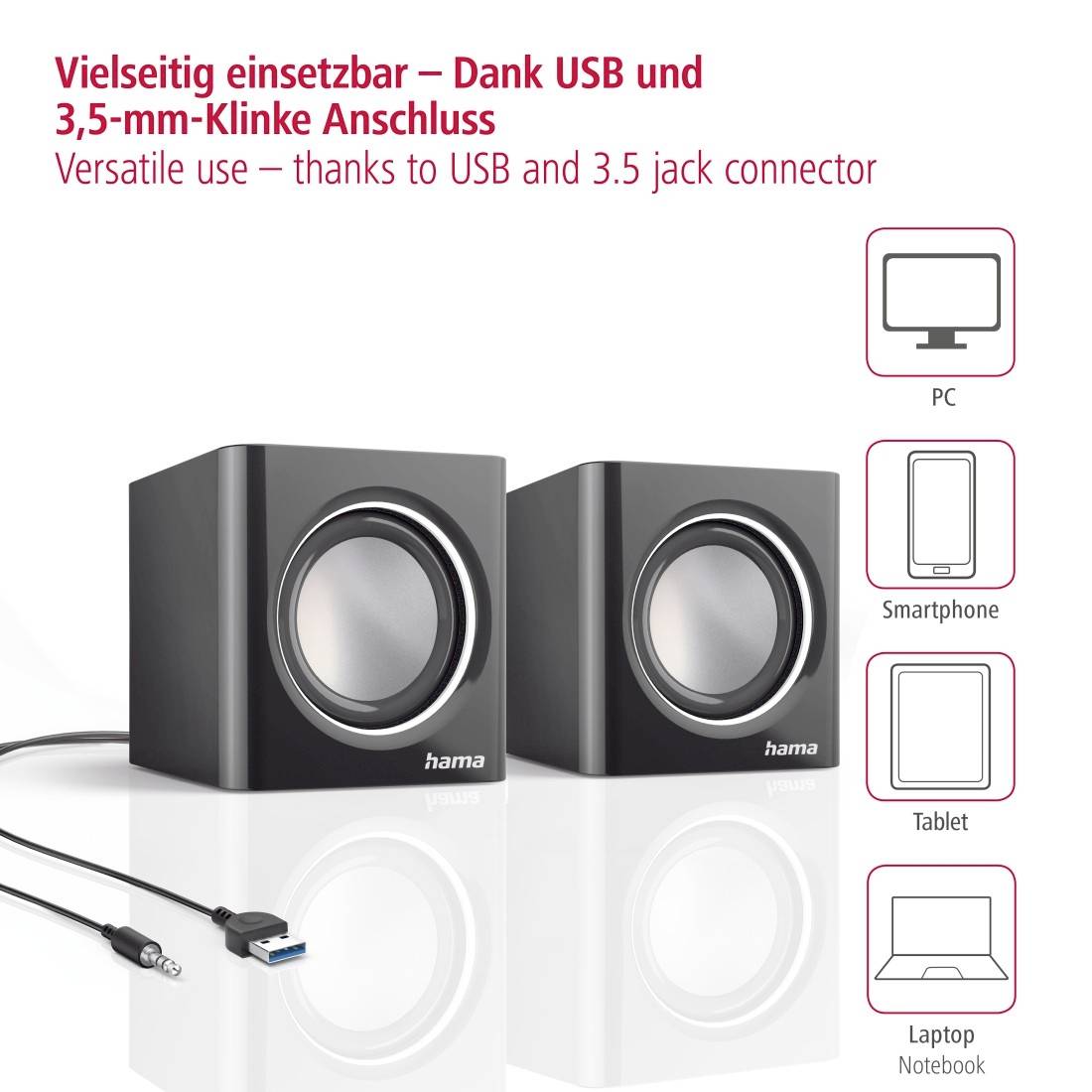 Dva kompaktna zvočnika Hama z USB in 3,5 mm priključkoma, prikazana kot združljiva z osebnim računalnikom, pametnim telefonom, tablico in prenosnim računalnikom.