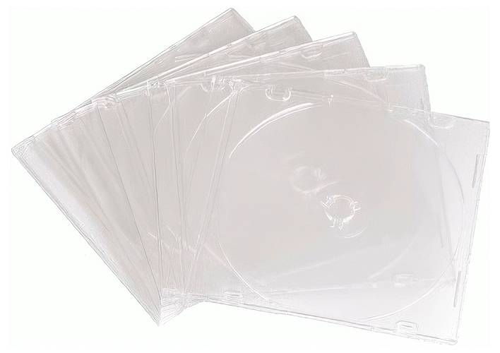 Sklad prozornih plastičnih CD škatlic na belem ozadju