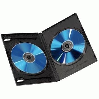 Odprt DVD škatlica z dvema modrima disci na belem ozadju.