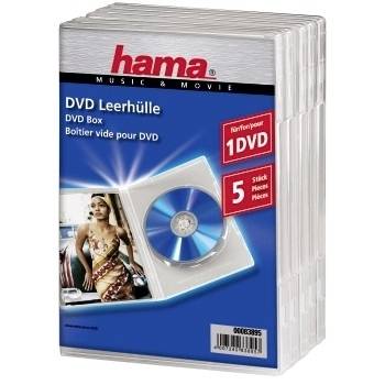 Paket petih belih Hama DVD škatel, prikazan v trgovinski embalaži z oznako »DVD Leerhülle« in »5 Stück«.