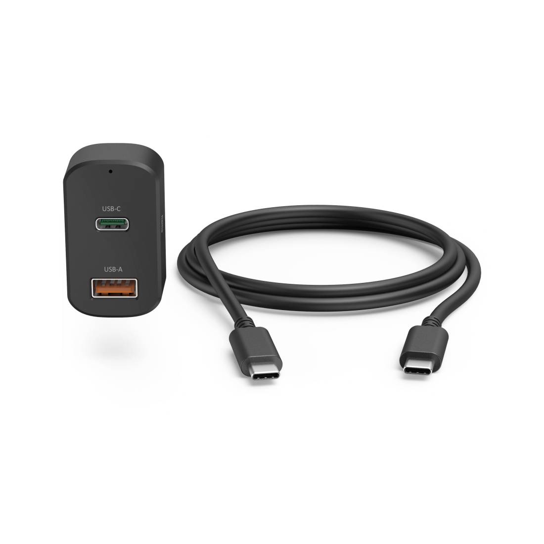 Črni adapter za polnjenje preko USB-ja z vrati USB-C in USB-A, poleg navitega kabla USB-C z dvema priključkoma USB-C.