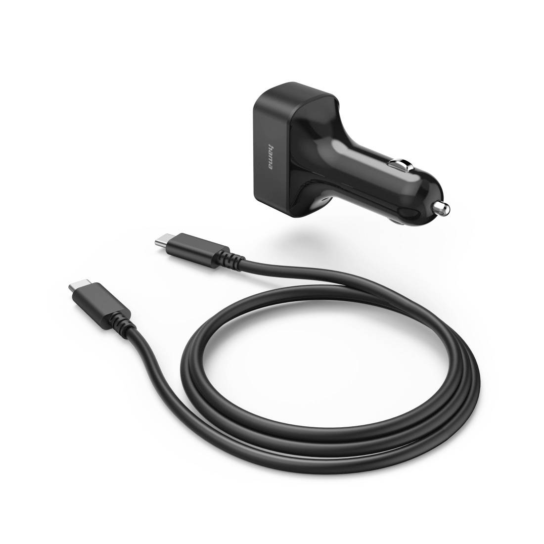 Črn polnilnik za avto z USB-C kablom na belem ozadju.