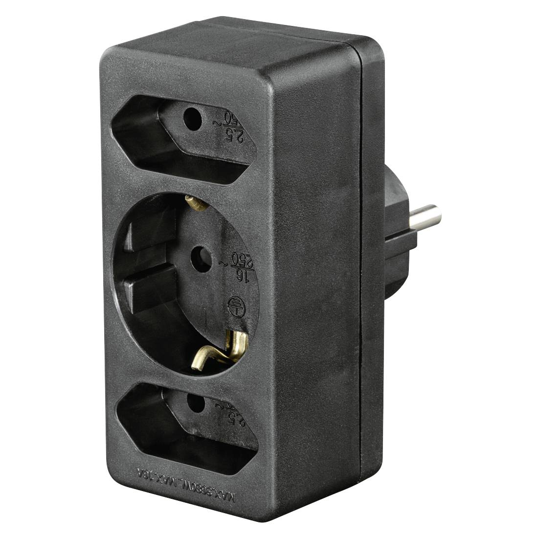 Črni električni adapter z eno okroglo vtičnico in dvema manjšima vtičnicama, prikazan na belem ozadju.