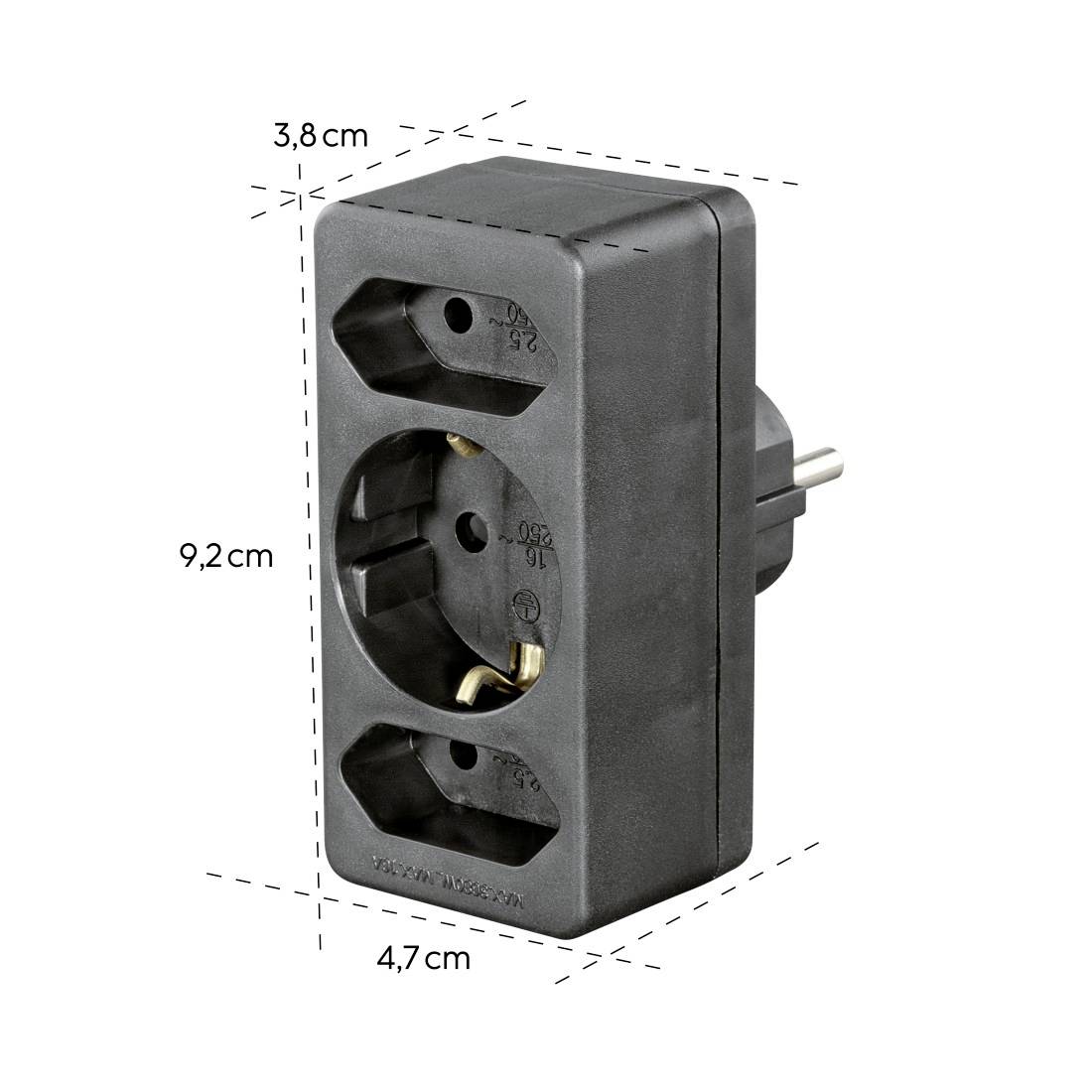Črni adapter za vtičnico s tremi izhodoma, prikazan z dimenzijami 9,2 cm visok, 4,7 cm širok in 3,8 cm globok.