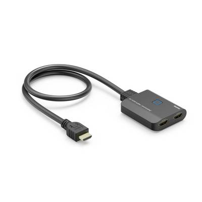 Črni HDMI-na-HDMI adapter z kratkim kablom in kompaktno škatlo za povezovanje naprave na dva HDMI vrata.