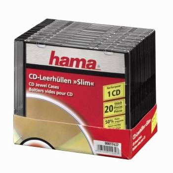 Škatla tankih CD juvelirnih škatel Hama, označenih za 1 CD, 20 kosov, prikazuje prazno pakiranje CD rokavov.