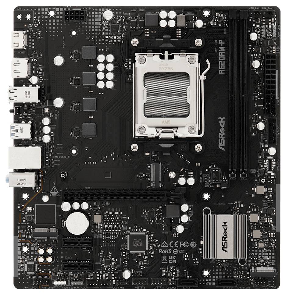 Matična plošča ASRock A620M s procesorskim vtičem AMD AM5, režami PCIe, režami za RAM, zadnjimi vrati I/O in hladilniki toplotnih razprševalnikov na črni tiskan plošči.