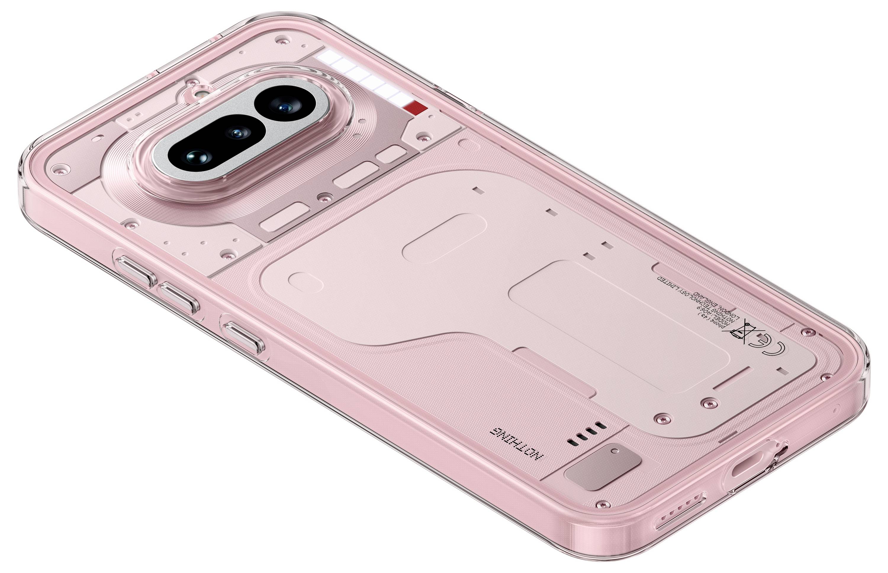 Roza prosojno zaščitna maskica za telefon, prikazana na pametnem telefonu, z dvignjeno zaščito kamere in vidnimi detajli zadnje plošče.