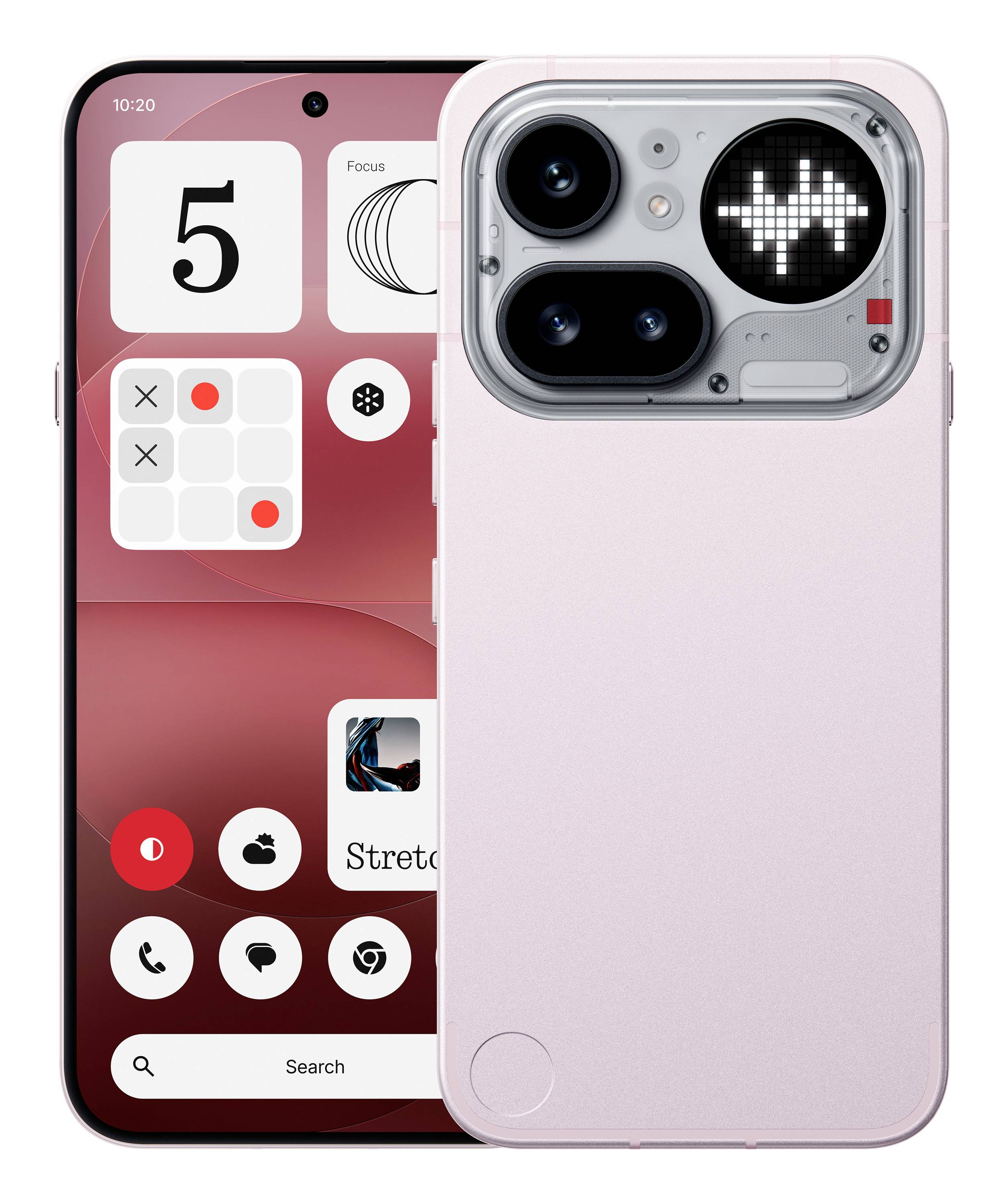 Roza pametni telefon prikazan od spredaj in od zadaj, pri čemer zadnja stran razkriva velik dvojni fotoaparat in svetlečo pixel srce na območju fotoaparata.