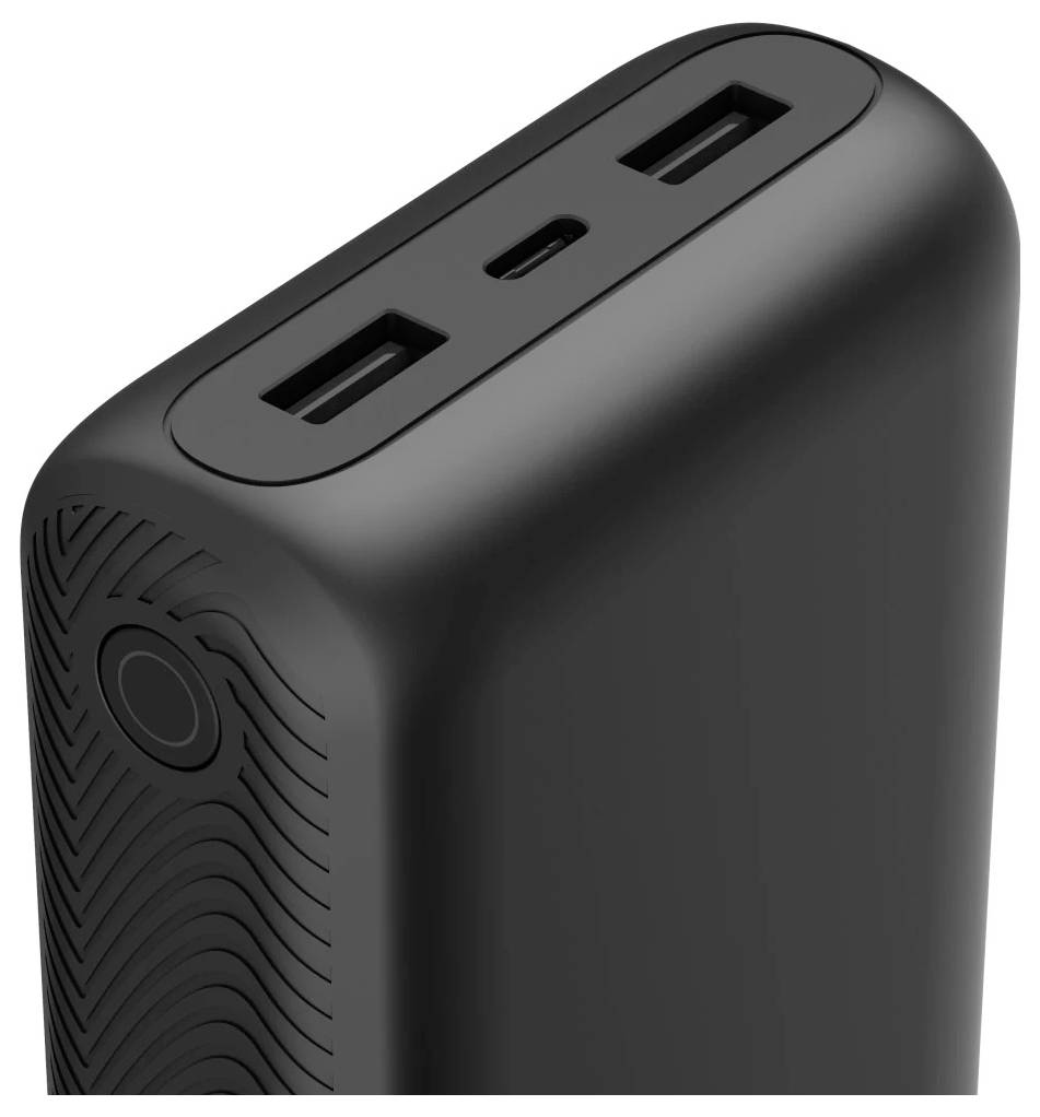 Črn napajalnik za steno z dvema USB-A priključkoma in enim USB-C priključkom, prikazan v detajlnem pogledu na belem ozadju.