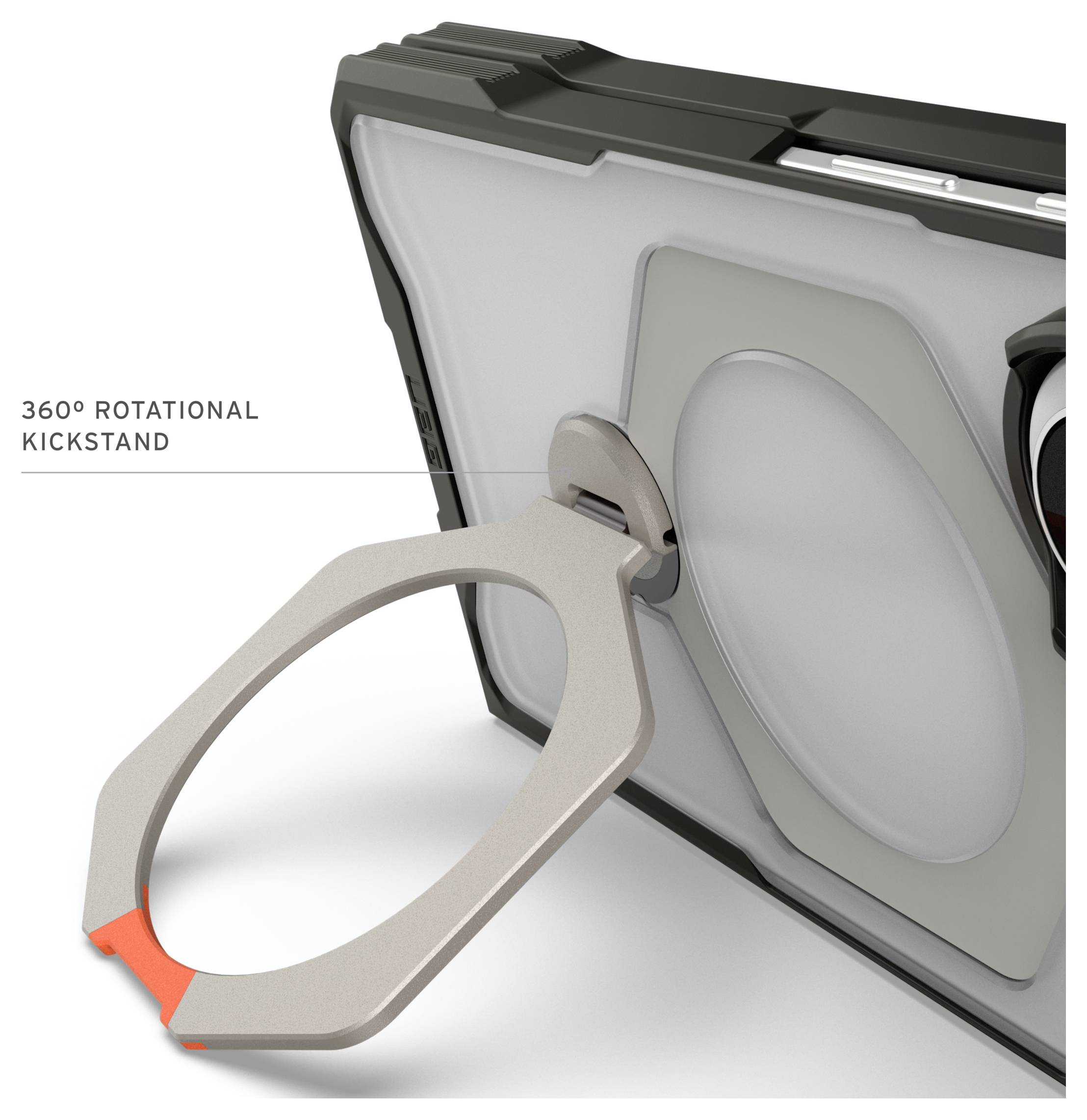 Torbica za tablico z 360° vrlivim stojalem za nastavljanje, ki se razširja z zadnje strani, prikazana v bližnjem planu z oznako »360° ROTACIJSKO STOJALO«.
