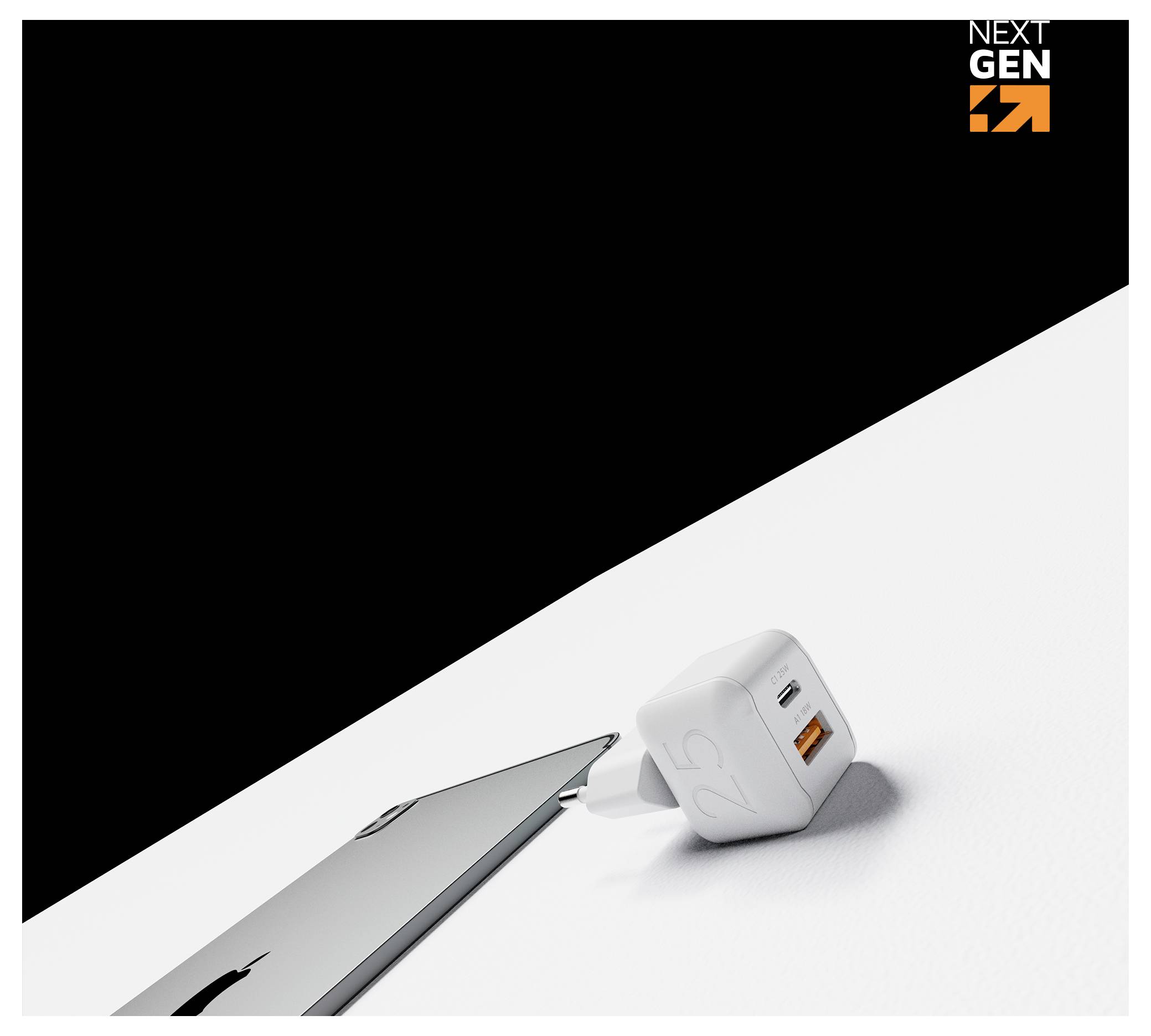 Bel USB polnilnik za vtičnico s pomarančnim priključkom poleg pametnega telefona na beli površini, pod črno-belim promocijskim grafikona "NEXT GEN".