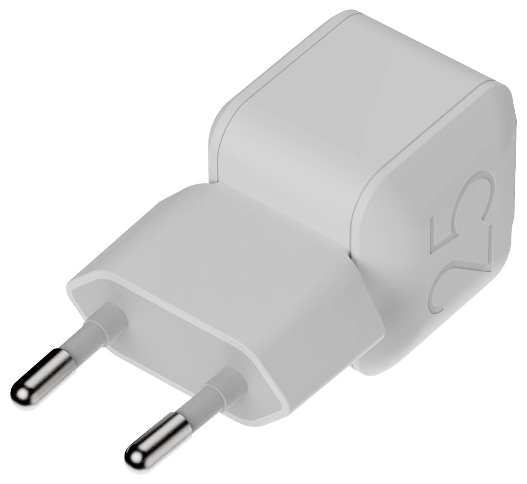 Bela dvotirna električna steninska polnilka adapter na navadnem ozadju, prikazana v 3D pogledu.