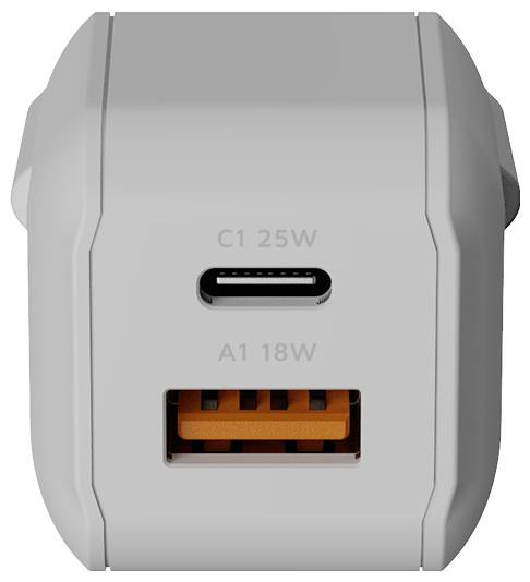 Siv večportni stenski polnilnik z vrati USB-C označeno »C1 25W« nad vrati USB-A označenimi »A1 18W«
