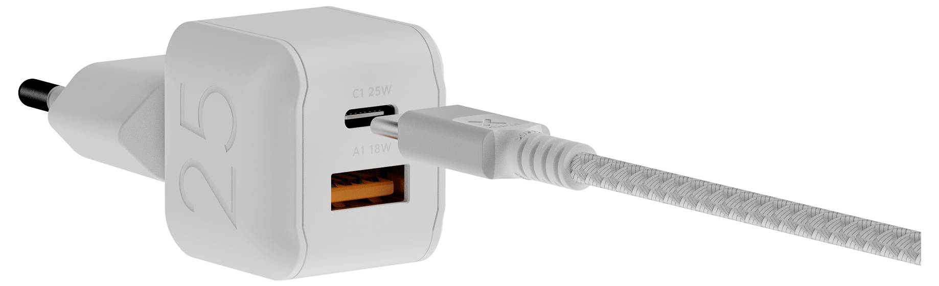Bela USB stenski polnilnik z enim USB-A priključkom in priključenim kablom, označen s 25W.