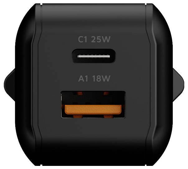 Črni avtomobilski polnilnik z dvema priključkoma USB z enim vhodom USB-C z oznako C1 25W in enim vhodom USB-A z oznako A1 18W.