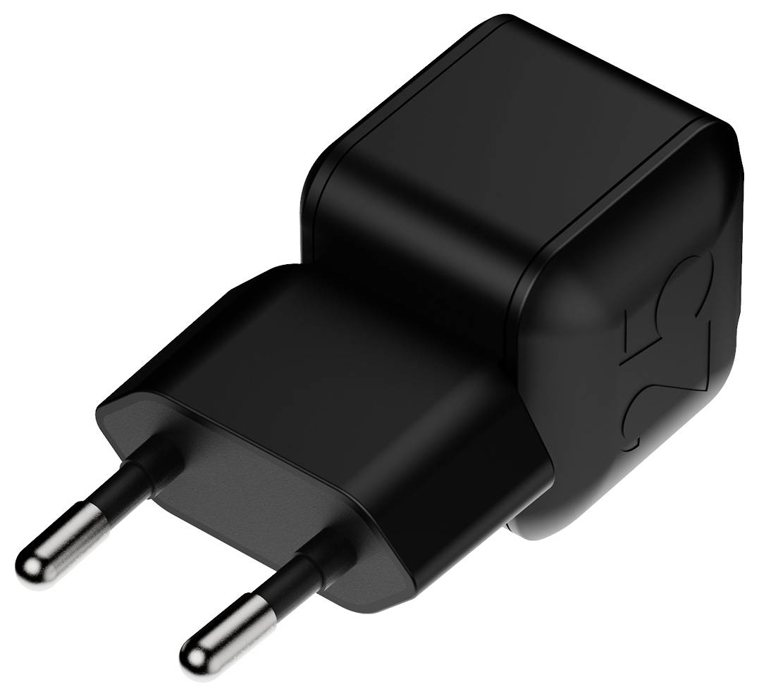 Črni dvopriklopni električni adapter z evropskimi zatičem, prikazan izoliran na belem ozadju.
