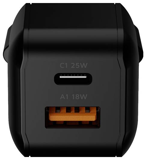 Črni avtomobilski polnilnik z dvema USB portoma, označenima C1 25W in A1 18W, prikazuje USB-C vhod nad oranžnim USB-A portom.