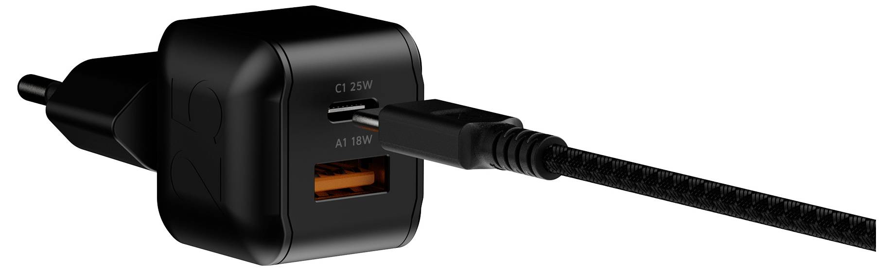 Črna napajalnika USB z dvema vhodoma, označena s C1 25W in A1 18W, s priključenimi kabli.
