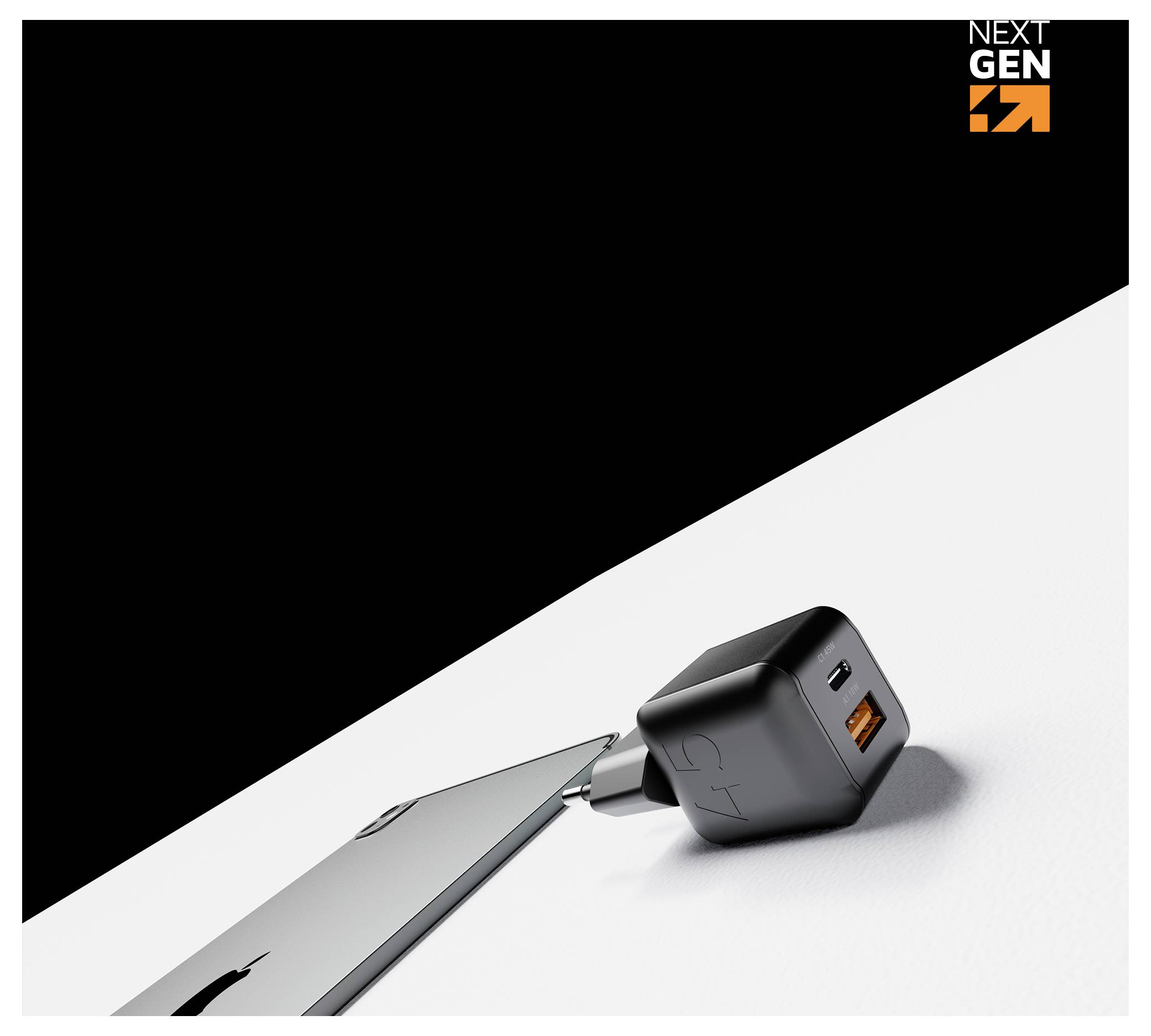 Črno-bela produktna slika naprednega USB-C stenskega polnilnika nove generacije, ki se priključuje na stran tanke prenosne računalnike, z logotipom "NEXT GEN" v zgornjem desnem kotu.
