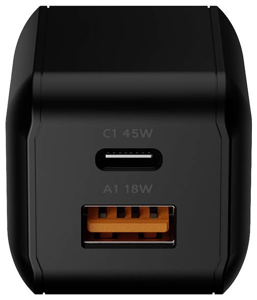 Črni dvojni USB polnilnik za vtičnico z oznako 'C1 45W' in 'A1 18W', s portom USB-C in portom USB-A na sprednji strani.