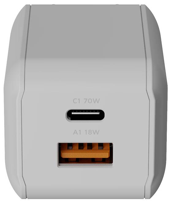 Bela USB-C napolnilna črpalka s portom USB-C z oznako »C1 70W« nad portom USB-A z oznako »A1 18W«.