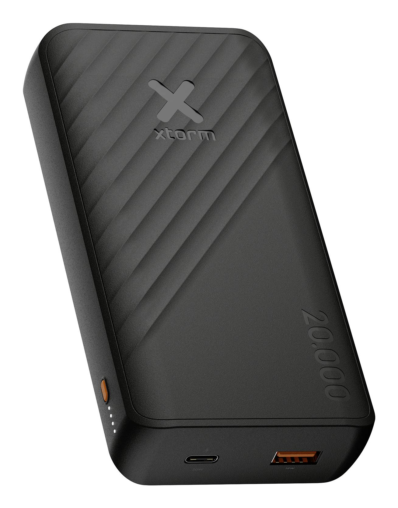 Black Xtorm 20000 prenosna baterija z vrati USB-C in USB-A, prikazana v prikazanem pogledu izdelka na belem ozadju.