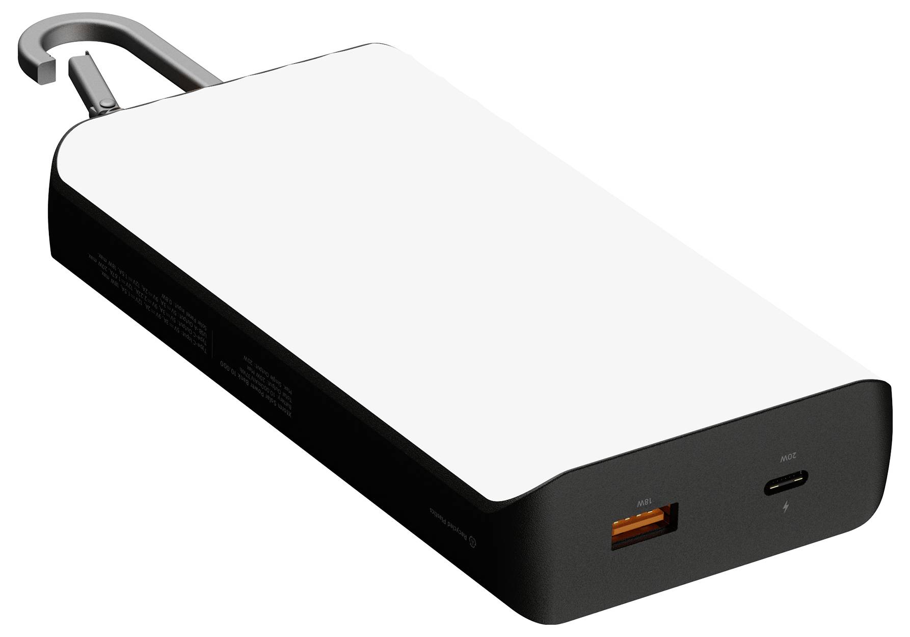 Prenosna baterija z vgrajeno zanko za obešanje, z enim vhodom USB-A in enim vhodom USB-C na sprednji strani.