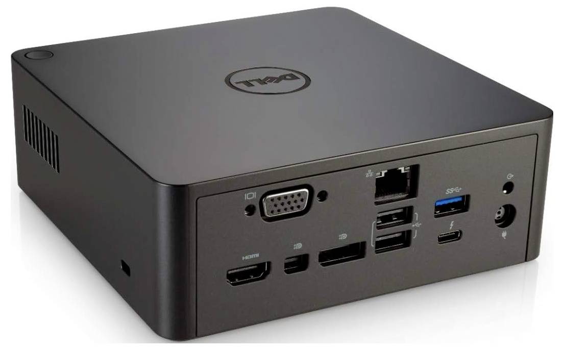 Črni Dell mini namizni računalnik s sprednjimi vhodi, vključno z USB, avdio, Ethernet, VGA, DisplayPort in HDMI