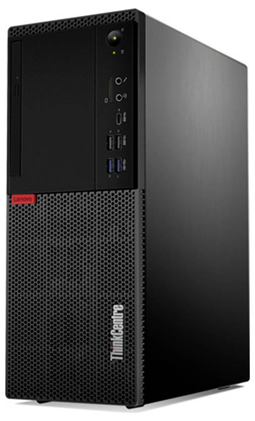 Črn namizni računalnik Lenovo ThinkCentre v obliki stolpa prikazan v pogledu od spredaj in s strani s vidnimi sprednjimi vrati USB in avdio vhodi.