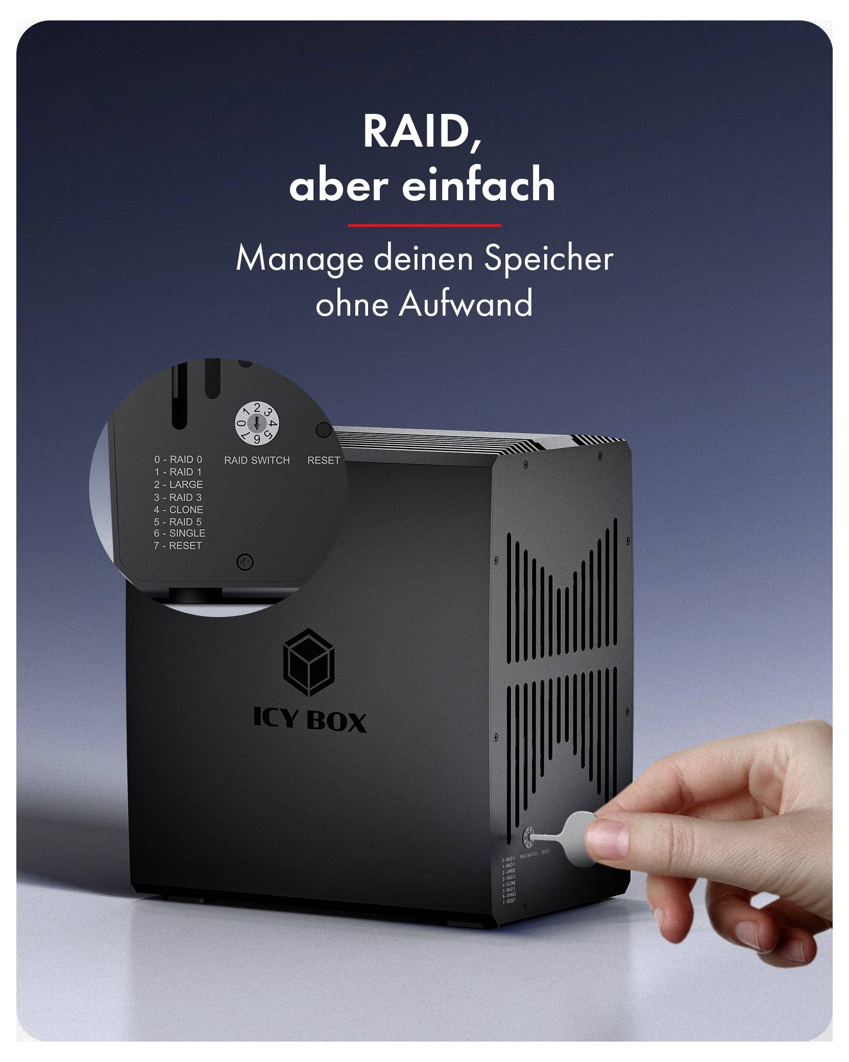 Promocijska slika naprave za shranjevanje ICY BOX s prikazom roke, ki vstavi ključ, z napisom »RAID, vendar enostavno« in »Upravljaj svojo shranjevanje brez napora«.