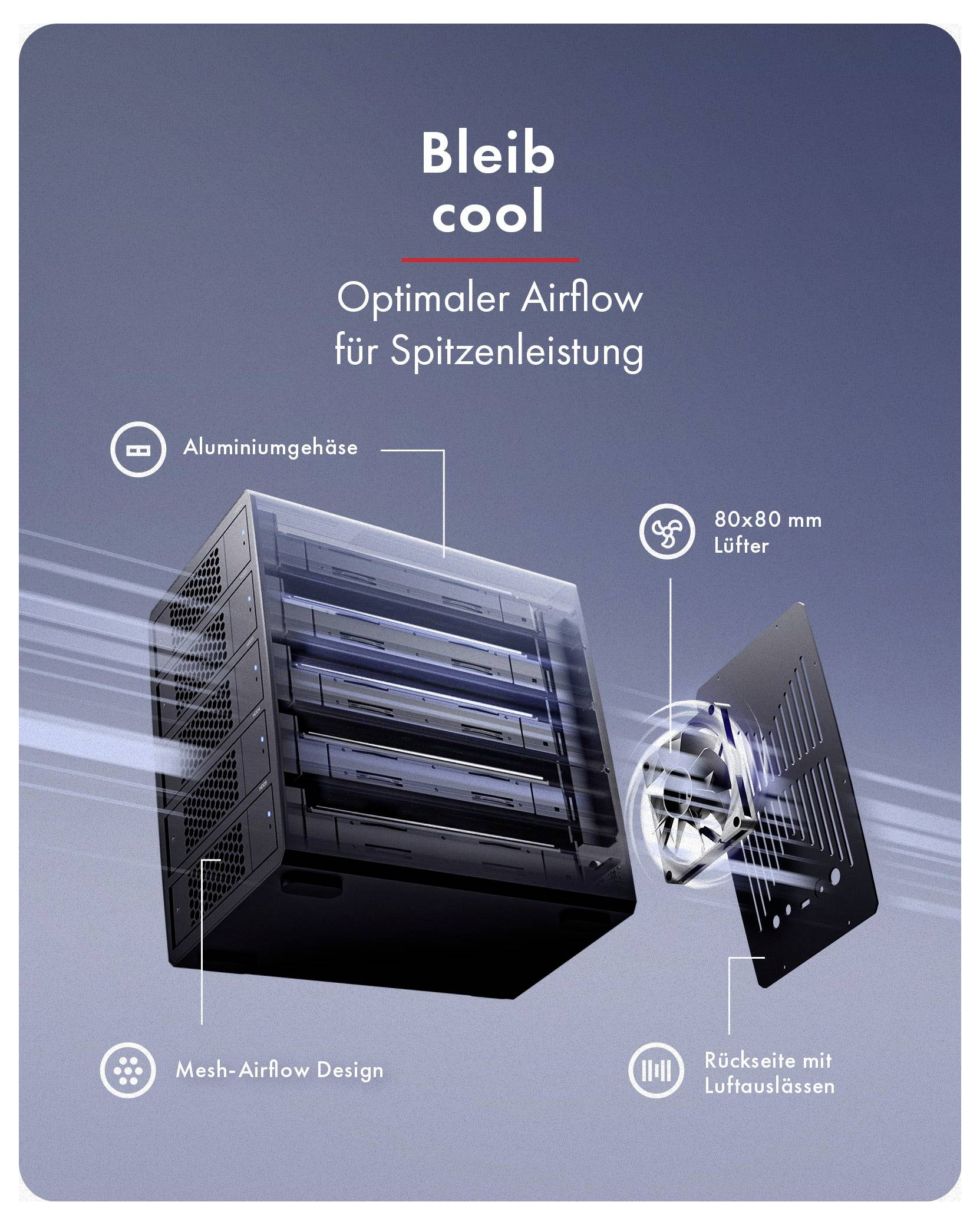 Objava za hladilno enoto: "Ostani hladen" in "Optimalen tok zraka za vrhunske zmogljivosti", ki prikazuje ohišje iz aluminijaste mrežice za tok zraka z ventilatorjem 80×80 mm in izpustnimi odprtinami na zadnji strani.
