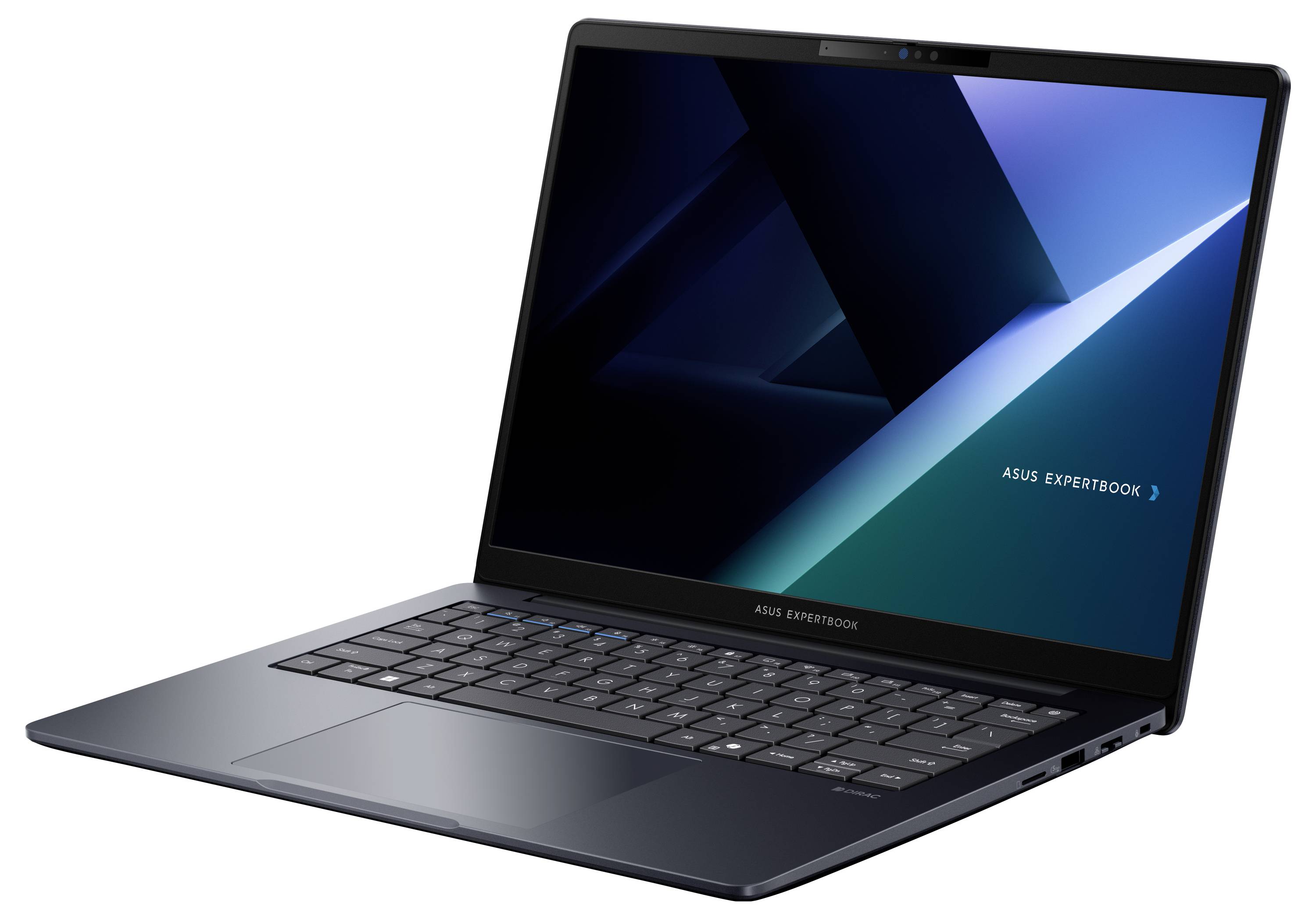 Odprt prenosnik ASUS ExpertBook, prikazan pod kotom na belej podlagi, z modro geometrijsko ozadje na zaslonu.