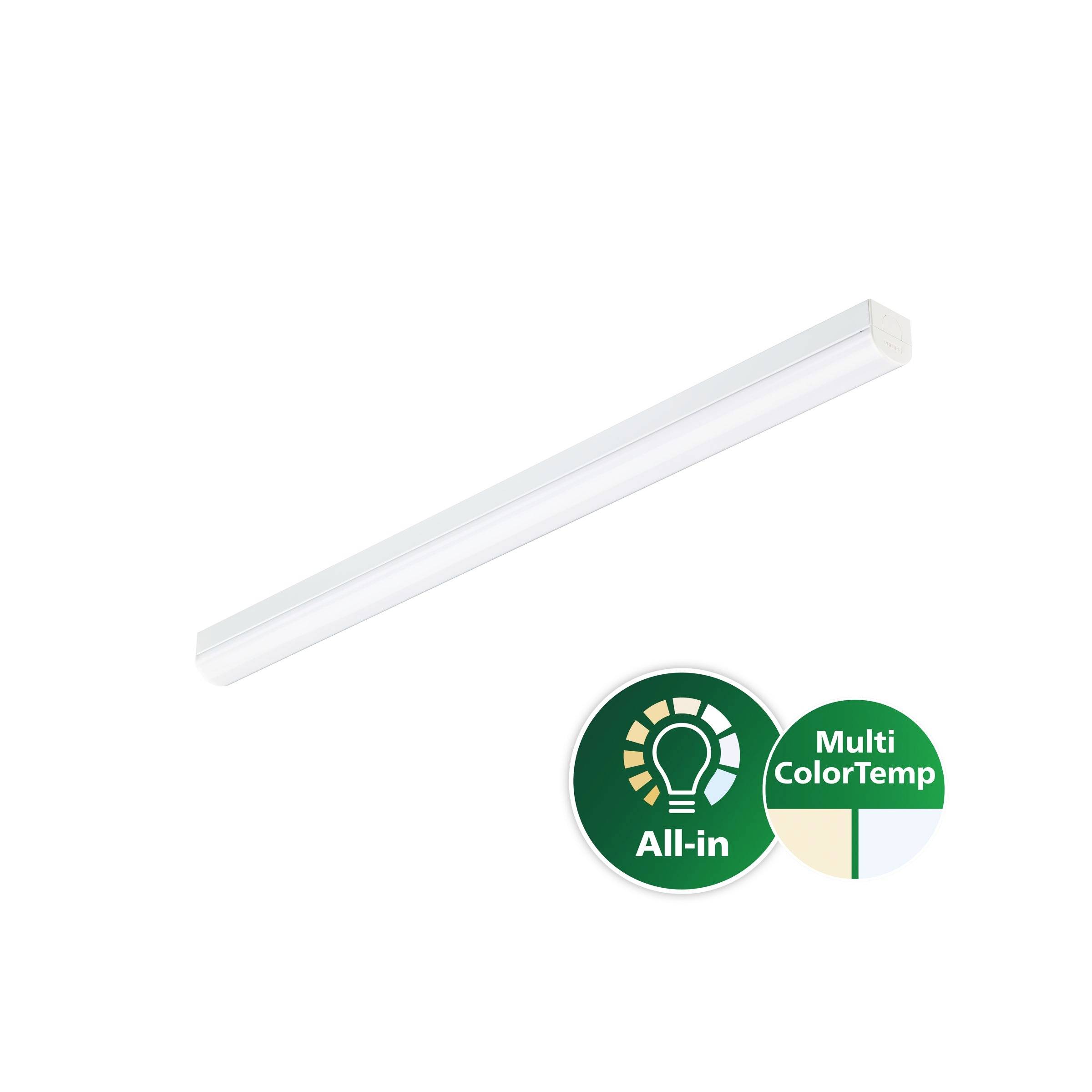Bela linearna LED svetilka z zelenimi značkami "All-in" in "Multi ColorTemp" na preprostem ozadju.