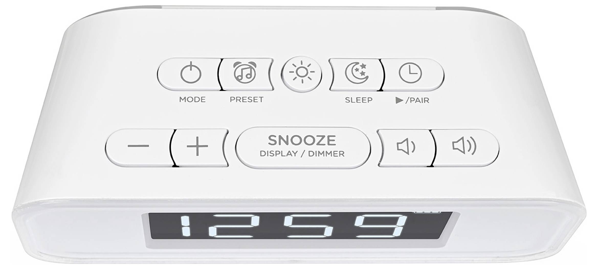 Bela digitalna budilka z osvetljenim zaslonom, ki prikazuje 12:59, zgornji gumbi za način delovanja, prednastavljene vrednosti, spanje/povezovanje, glasnost/zatemnitev, glasnost in funkcije alarma.
