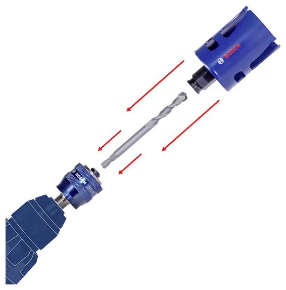 Diagram prikazuje Boschevo nastavko za vrtanje lukenj s centriranim svedrom, vstavljenim med držalo orodja in rezalko glavo, s puščicami, ki označujejo smer sestavljanja/razstavljanja.
