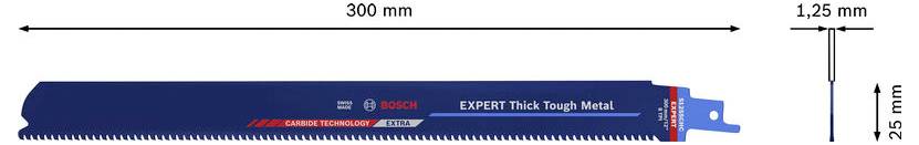 Diagram modrega Bosch Expert Thick Tough Metal rezilne pile za sekajoče žago, označene z dolžino 300 mm in širino 25 mm, z debelino 1,25 mm, prikazane v pogledu od strani.