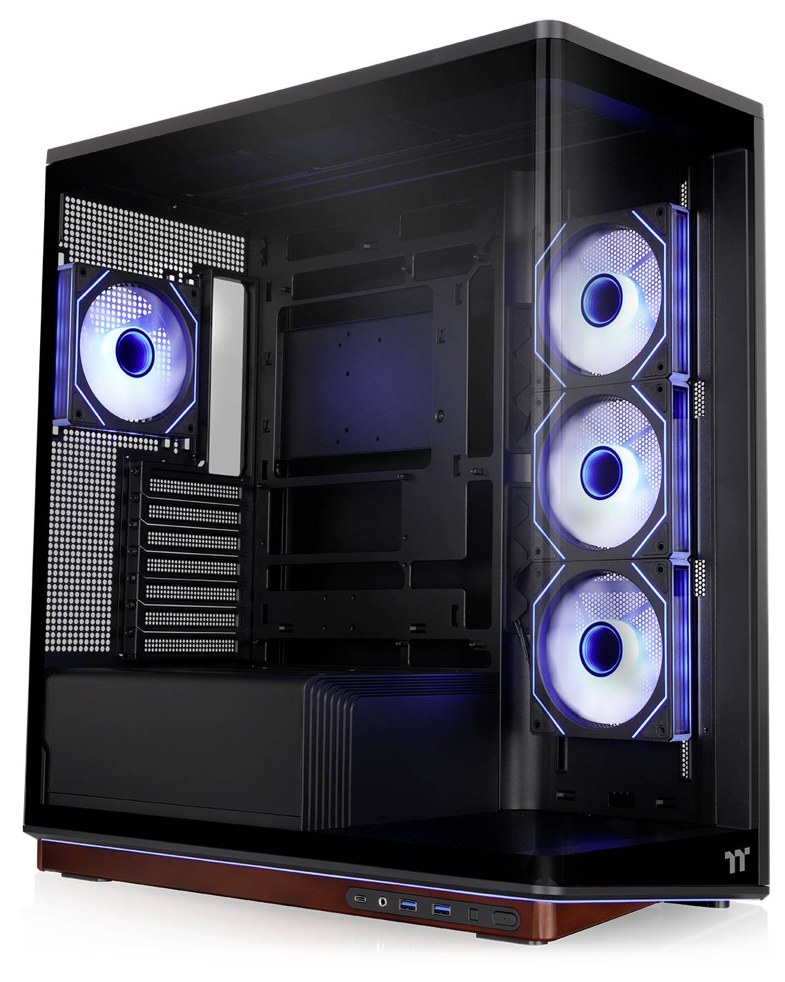 Prozorna ohišje PC stolpa s svetlomodrim LED ventilatorji, ki prikazuje notranjost in sprednji panel ventilatorjev na beli podlagi.