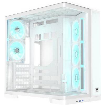 Bela namizna ohišja za osebni računalnik s prozornimi stranskimi paneli in modro LED osvetljenim ventilatorji v notranjosti.