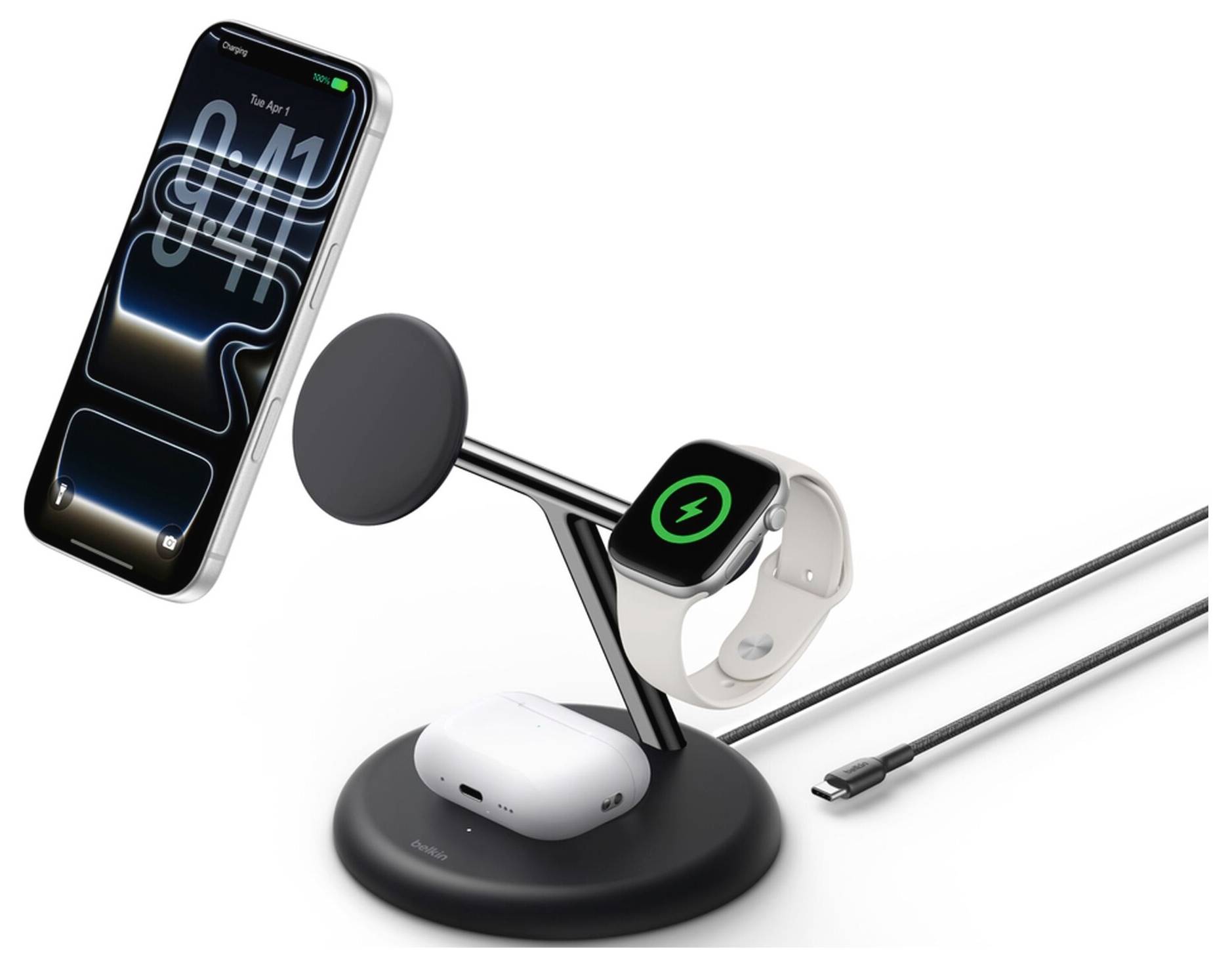 Trodelna brezžična polnilna postaja za iPhone, Apple Watch in AirPods s priloženim polnilnim kablom.