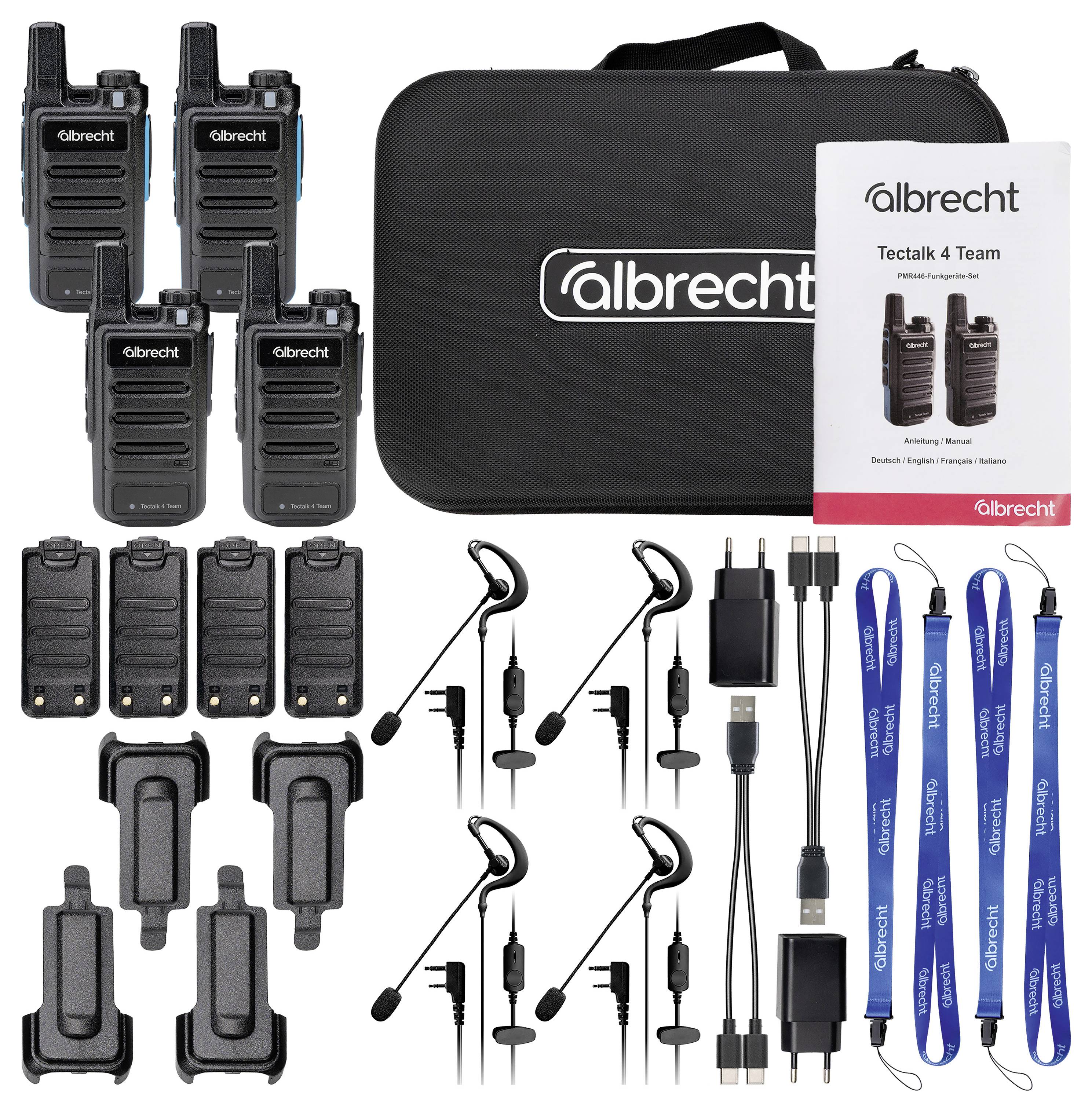 Albrecht Tecktalk 4 Team radio komplet s štirimi walkie-talkie napravami, torbico, priročnikom, slušalkami, polnilniki, kabli, priponkami za pas in naramnicami.