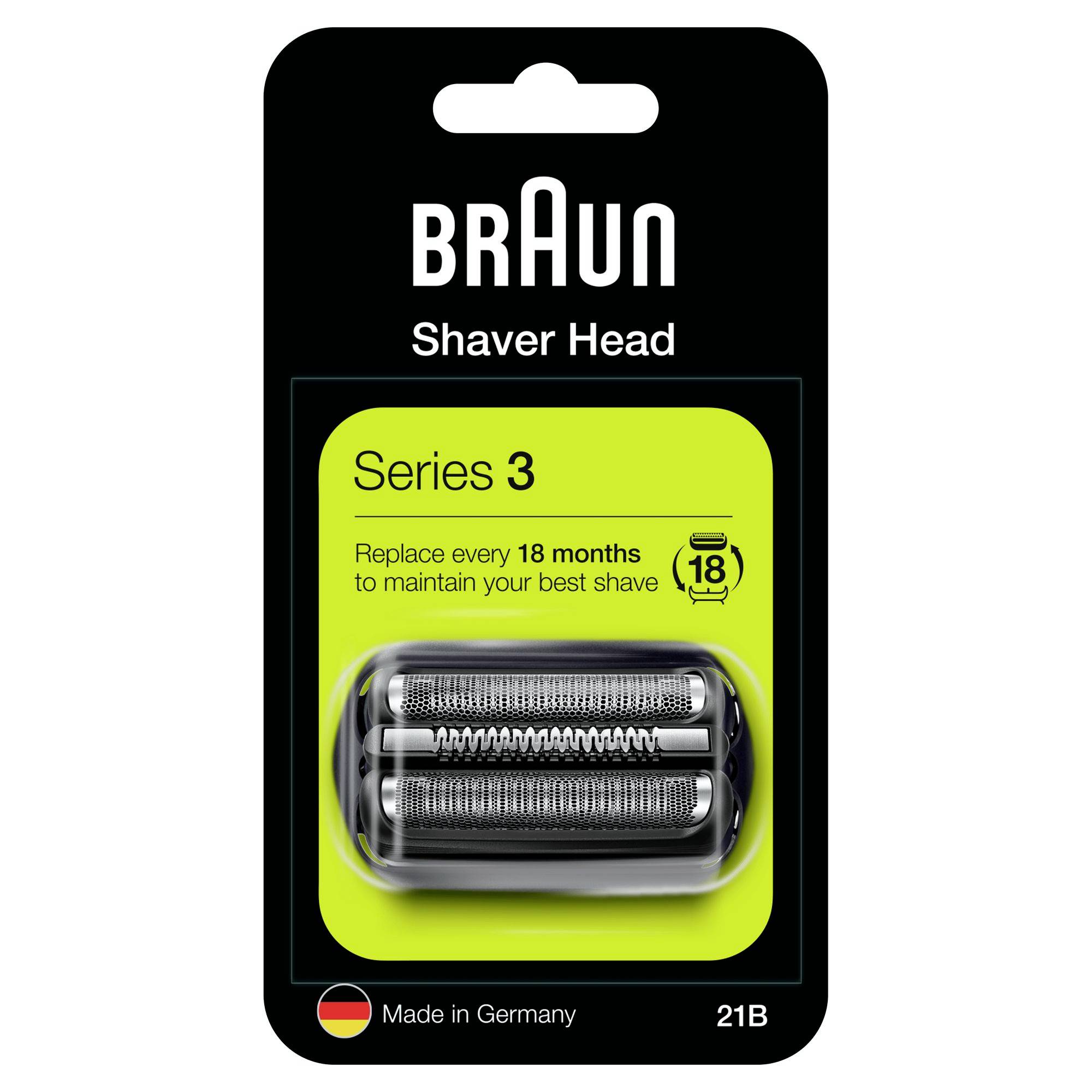 Nadomestni paket glave brivnika Braun Series 3, z 'Zamenjajte vsakih 18 mesecev' in model 21B, izdelan v Nemčiji.