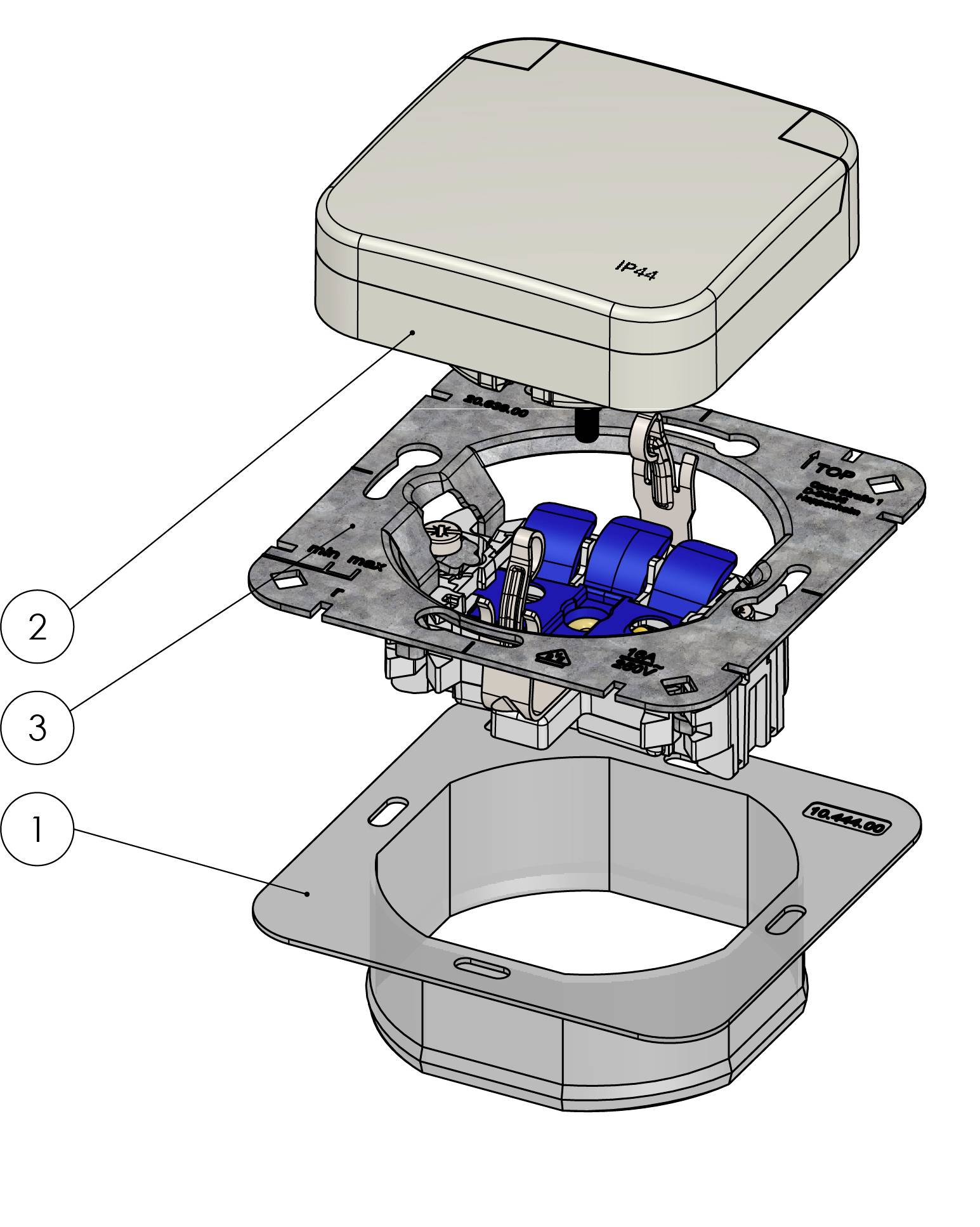 Razloženski diagram sestava talne krabice, ki prikazuje pokrov, montažno ploščo in notranje napeljave/komponente naprave z oznakami 1, 2 in 3.