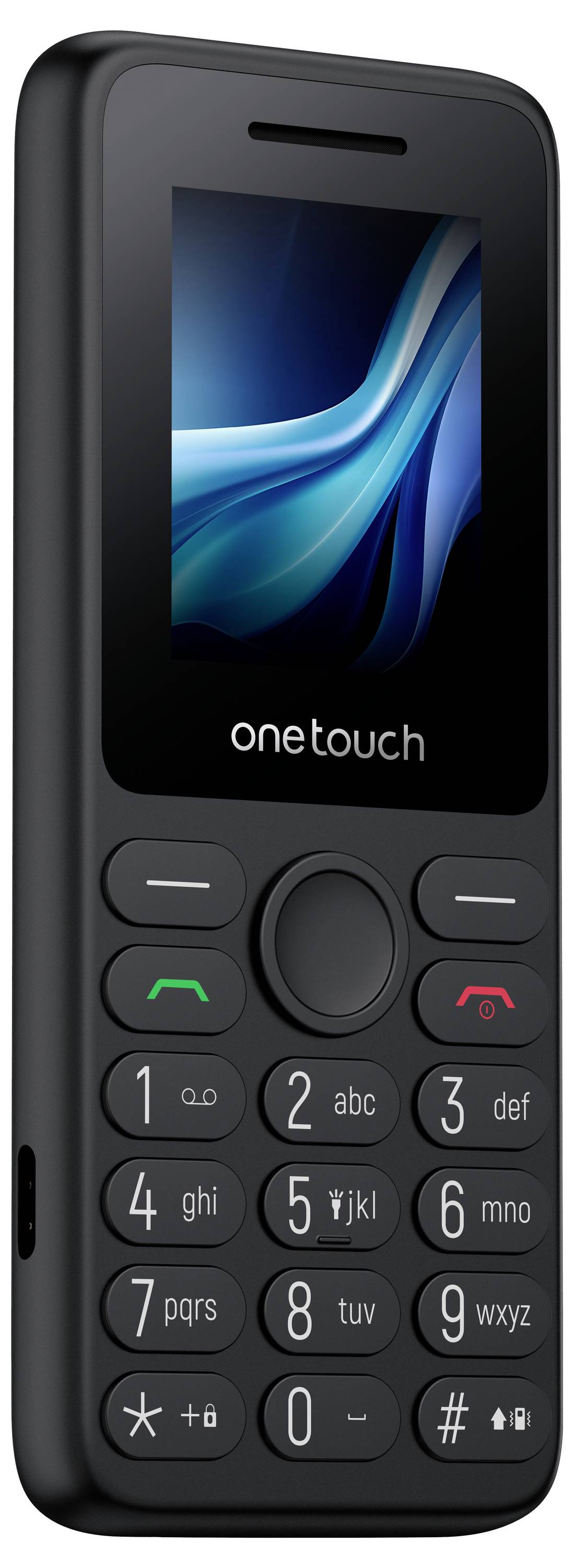 Črn telefon OneTouch s funkcijami, ki imajo barvni zaslon, centralni gumb za navigacijo, tipki za sprejemanje/zaključek klic in numerično tipkovnico.