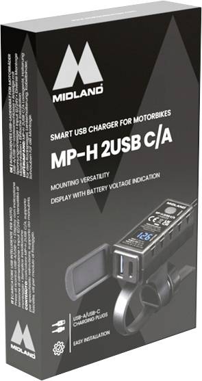 Midland MP-H 2USB C/A pametna USB polnilnica za motorje, ki prikazuje vsestranskost montaže, prikaz napetosti in enostavno namestitev na embalaži proizvoda.