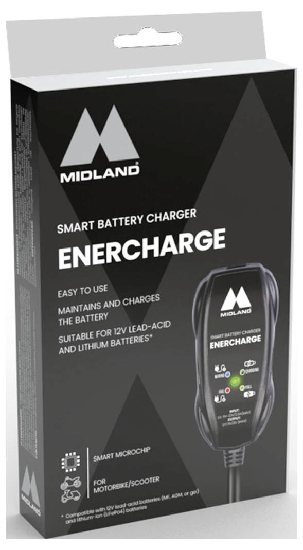 Primitivna kutija za Midland ENERCHARGE pametni polnilnik baterij, ki prikazuje, da je enostaven za uporabo, vzdržuje in polni baterije ter deluje z 12V svinčevo-kislinskimi in litijumskimi baterijami.